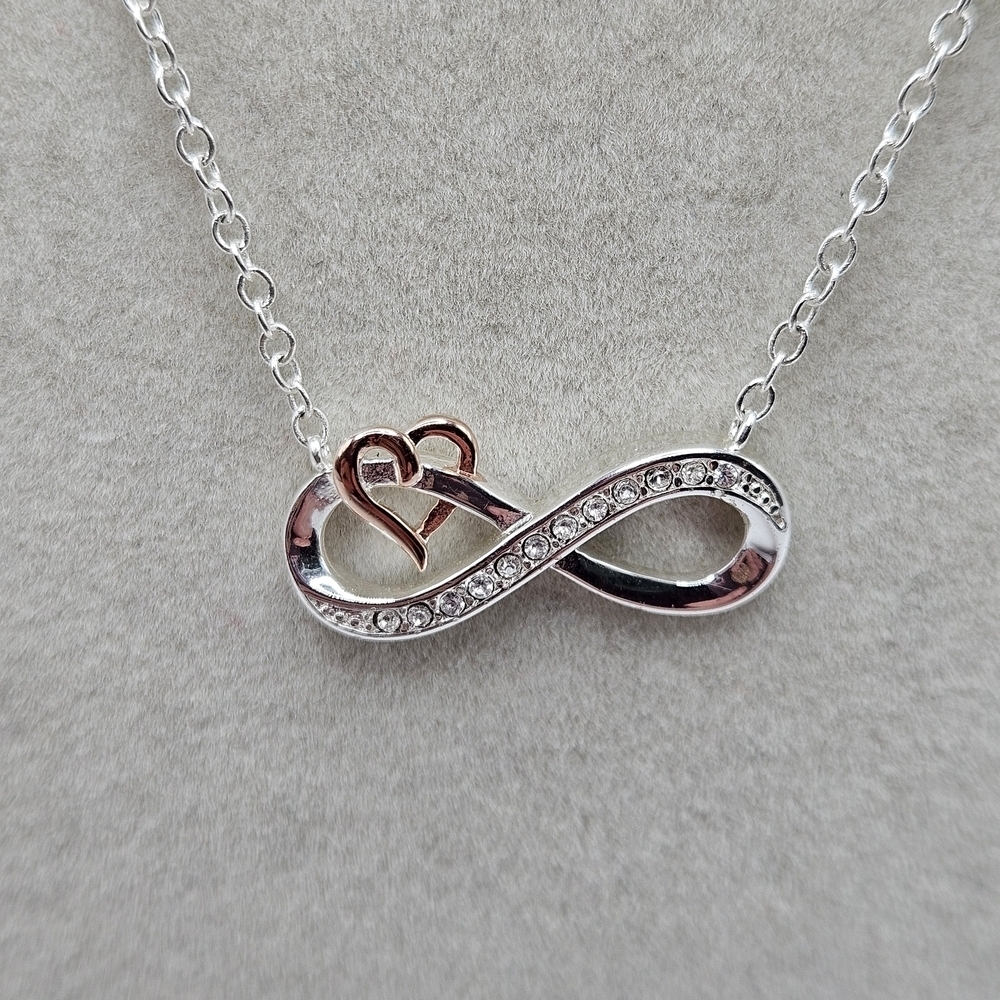 Brilliance Genuine Crystal Two-Tone Silver Rose Infinity Heart Dainty Necklace